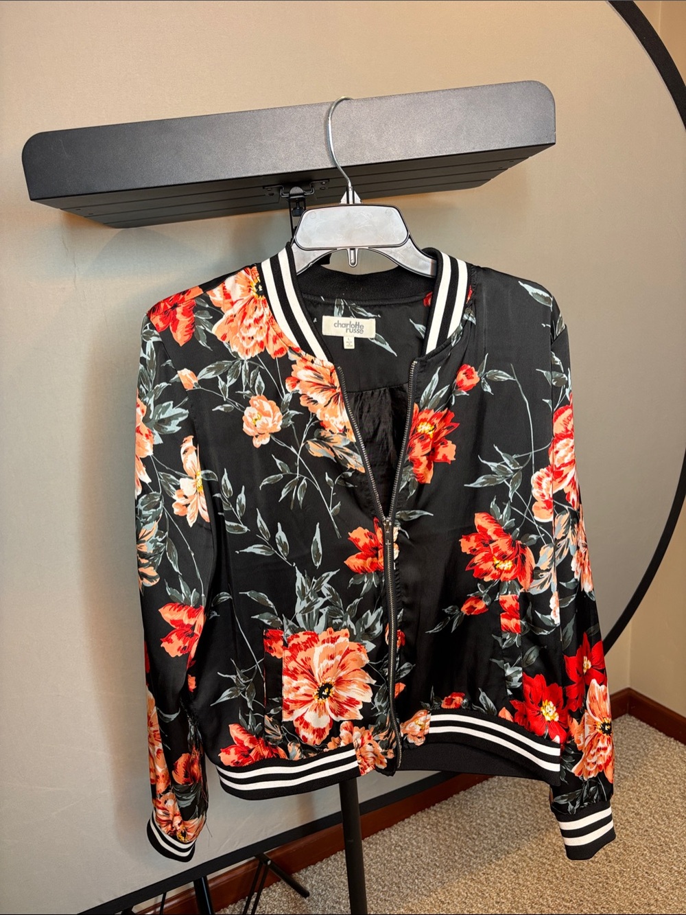 Charlotte Russe Black Floral Bomber with Red & Coral Blooms